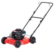 Craftsman CM11A-02T8793 gas-powered lawn mower, side angle, red and black body, four wheels.
