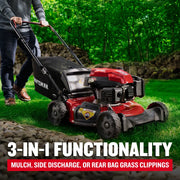 Photo of Craftsman lawn mower CM11A-A2C2093 being pushed on grass, showing rear grass bag and red engine.