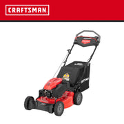Photo of Craftsman lawn mower, red and black, model CM12ABO2C2093, side angle, with grass catcher.