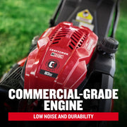 Photo of Craftsman M310C commercial engine, 163cc, SKU CM12ABO2C2093, on lawn mower, red housing, outdoor setting.