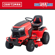 Photo of Craftsman riding lawn mower CM13APA9ZSA93 in red, side angle on white background.