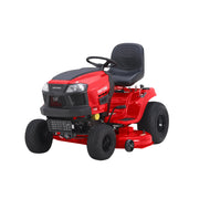 Photo of Craftsman riding lawn mower CM13BL78XTA93, red and black, front angle on white background.
