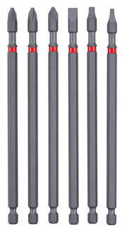 Photo of Craftsman screwdriver bit set CMAF6MIX6, six long black bits with red bands, front angle on white.