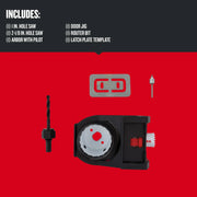 Photo of Craftsman door jig kit CMAH1WDL with hole saws, router bit, arbor, and latch plate template on red background.