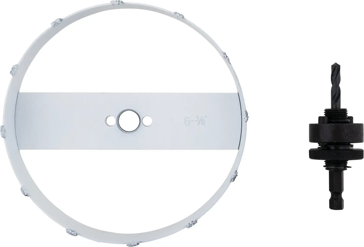 Photo of Craftsman hole saw kit with arbor, gray metal, model CMAH36RL, front angle on white background.