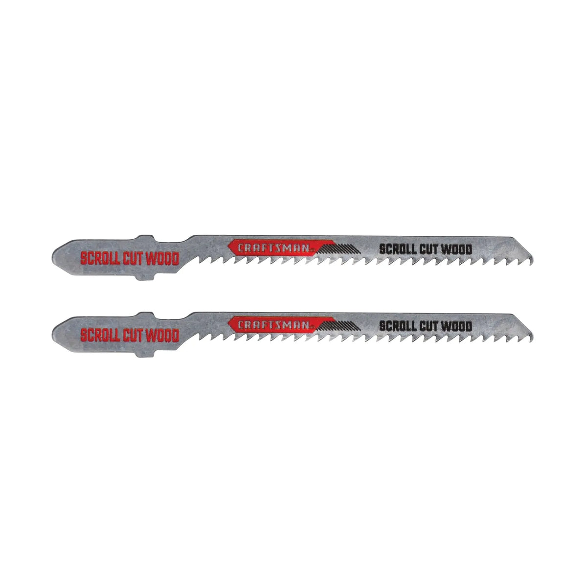 Photo of two Craftsman scroll cut wood jigsaw blades, SKU CMAJ1312WS2, side view on white background.
