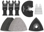 Craftsman CMAO516 multi-tool accessory kit with blades, sanding pads, adapter, and scraper, top view.