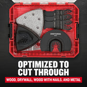 Photo of Craftsman oscillating tool accessory set CMAO516 in red case, includes blades and sanding pads, top view.