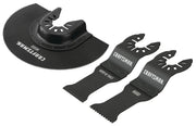 Photo of Craftsman CMAO552 oscillating tool blade set, three black blades for wood and drywall, angled on white.