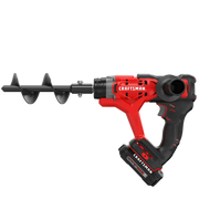 Photo of Craftsman CMCA320C1 cordless electric auger with black auger bit, red and black handle, side view on white background.