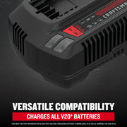 Photo of Craftsman lithium battery charger CMCB104, black, angled view, for V20 batteries.