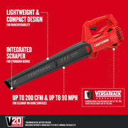 Photo of Craftsman cordless leaf blower CMCBL710D1, red and black, V20, side angle, graphics highlight key features.