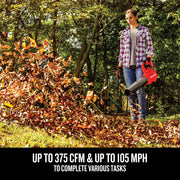 Photo of person using Craftsman cordless leaf blower CMCBL720M1 outdoors, blowing leaves in a wooded area.