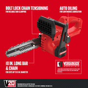 Photo of Craftsman chainsaw CMCCS610B with 10-inch bar, bolt lock chain tensioning, auto oiling, side angle view.