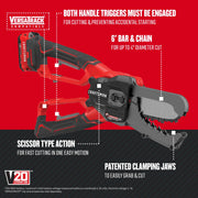 Photo of Craftsman V20 cordless chainsaw lopper, SKU CMCCSL621D1, red and black, right side view, showing 6-inch bar, patented clamping jaws, and dual handle triggers.