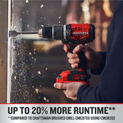 Photo of Craftsman cordless drill CMCD732D2 in use drilling into wood, visible sawdust and close-up grip.
