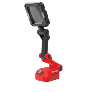 Photo of Craftsman work light CMCE020B, red and black, adjustable arm, front angle on white background.