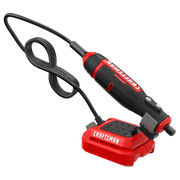 Photo of Craftsman rotary tool model CMCE030B, black and red, shown at an angled view with V20 charging base.