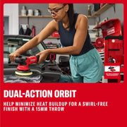 Photo of a person using a Craftsman cordless dual-action orbital polisher CMCE150B on a car hood in a garage.