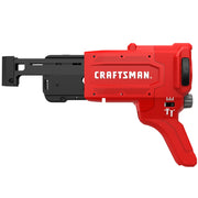 Craftsman red auto-feed drywall screw gun, side view, model CMCF6001, with black attachment.
