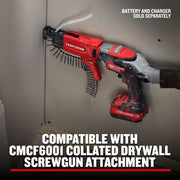 Photo of Craftsman drywall screwgun with CMCF600B, collated screw attachment, used on drywall construction.