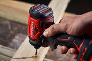 Photo of Craftsman cordless impact driver SKU CMCF813B in use driving a screw into wood.