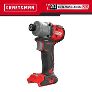 Photo of Craftsman V20 brushless impact driver, SKU CMCF830B, red and black, side view on white background.