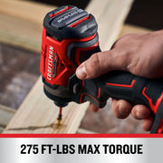 Photo of Craftsman brushless impact driver, model CMCF921B, used on wood, red and black design.