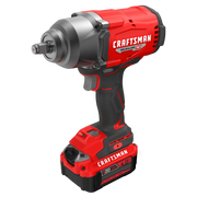 Photo of Craftsman cordless impact wrench CMCF940M1, red and black, angled view, brushless, with lithium-ion battery.