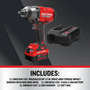 Photo of Craftsman V20 brushless 1/2 in. impact wrench SKU CMCF940M1 with battery and charger.