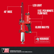 Photo of Craftsman V20 cordless grease gun, CMCGG001B, red and black, side angle, with 40" hose and LED light.