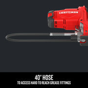 CRAFTSMAN CMCGG001B graphics showing a red grease gun with a 40-inch hose, side angle.