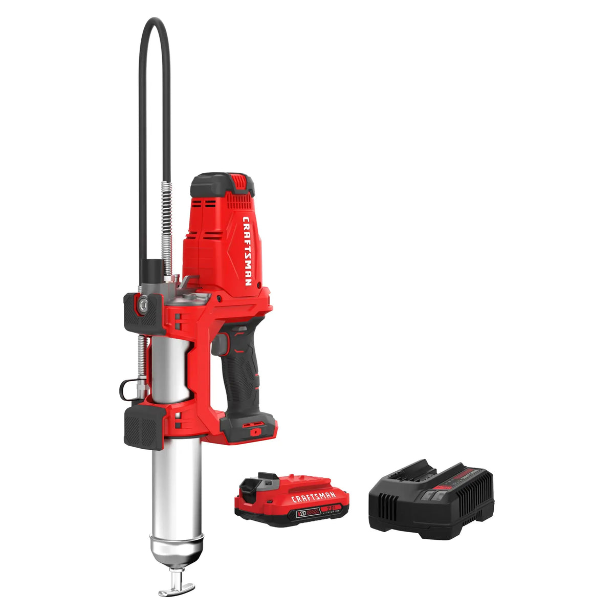 Front angle photo of Craftsman cordless grease gun CMCGG001D1 with battery and charger, red and black finish.