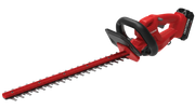 Photo of Craftsman CMCHT810C1 red cordless hedge trimmer, angled view on white background.