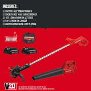 Photo of Craftsman CMCK279C2 V20 graphics kit with string trimmer, blower, batteries, charger, and spool.