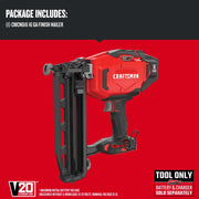 Photo of Craftsman 16 gauge finish nailer, SKU CMCN616B, side angle, red and black design on red background.