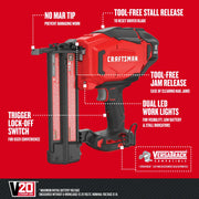 Photo of Craftsman cordless brad nailer CMCN618B, side angle, showing no mar tip, LED work lights, and tool-free releases.