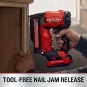Photo of Craftsman brushless nailer CMCN623B being used on wood, showing tool-free nail jam release feature.