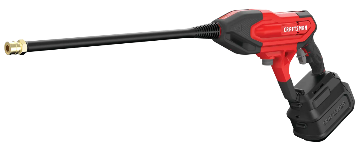 Photo of Craftsman cordless power washer CMCPW350B, red and black, side angle on white background.