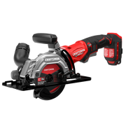 A cordless Craftsman circular saw with a red and black handle, featuring a blade guard, front handle, and battery pack attached. The saw blade and various product details are visible on the side.