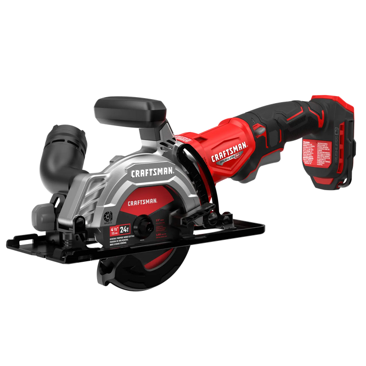 A cordless Craftsman circular saw with a red and black handle, featuring a blade guard, front handle, and battery pack attached. The saw blade and various product details are visible on the side.
