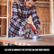 Photo of Craftsman graphics CMCS550B circular saw with LED, cutting wood in workshop setting.