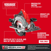 Craftsman CMCS551B cordless circular saw with brushless motor, V20 lithium ion, aluminum guard, and LED, side view.