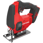 Photo of Craftsman CMCS600B cordless jigsaw, red and black, side angle on white background.