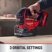 Photo of CRAFTSMAN CMCS650B cordless jigsaw cutting wood, featuring 3 orbital settings, close-up view.