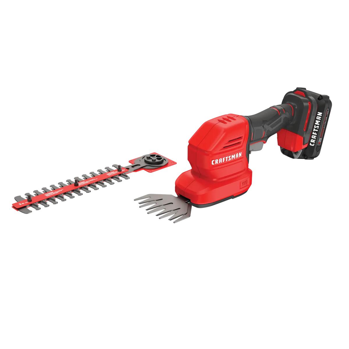 Craftsman CMCSS800C1 cordless garden shear and hedge trimmer, red and black, front angle on white background