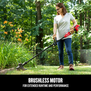 CRAFTSMAN CMCST930P1 cordless string trimmer used outdoors by a person near flowers.