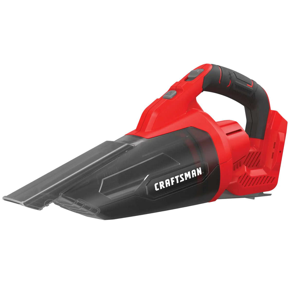 Photo of Craftsman portable handheld vacuum, model CMCVH001B, red and black, angled on white background.