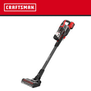 CRAFTSMAN cordless stick vacuum cleaner, red and black, angled view, CMCVS501M1.