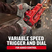 Photo of CRAFTSMAN CMCW211B cordless belt sander in use, worn gloves, sparks flying during metal grinding.